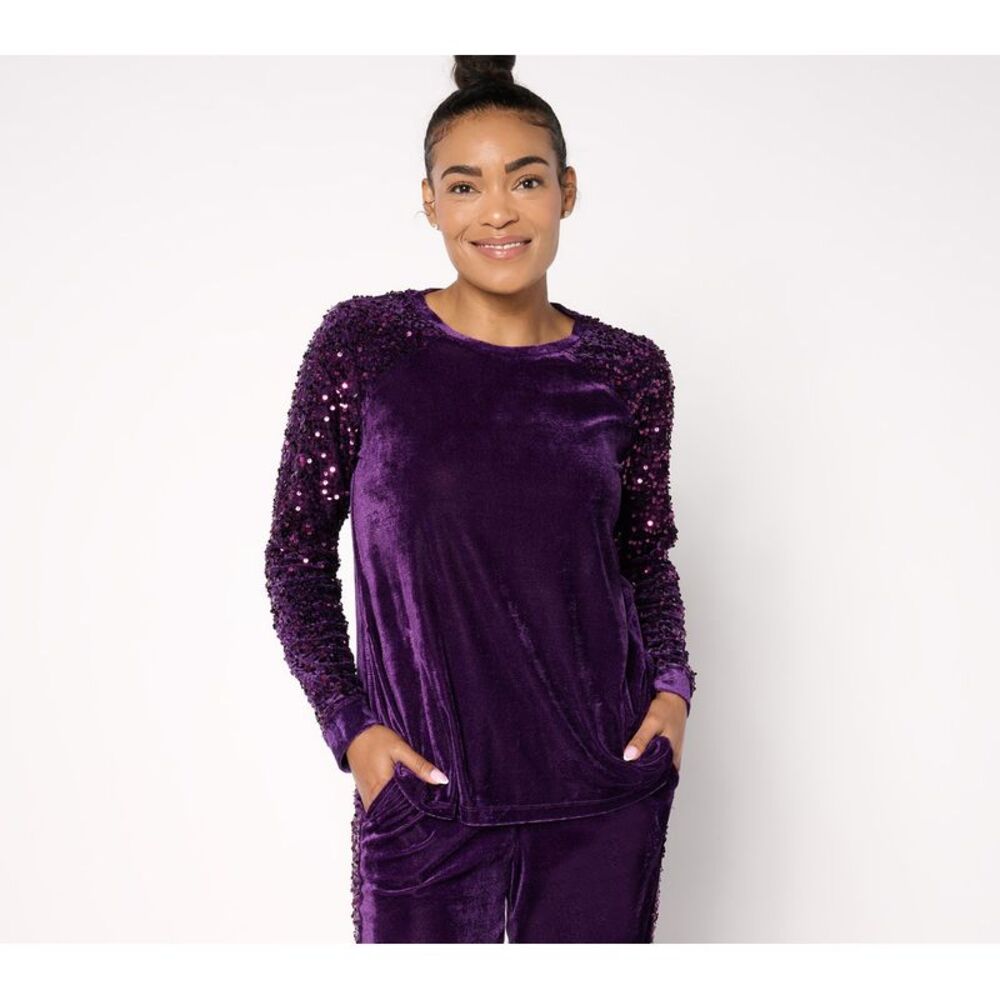 Farmers Defense Women's Top Sz XS Long Sleeve Velvet & Sequin Purple A667539
